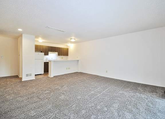 A spacious room with a white kitchenette and grey carpeting.