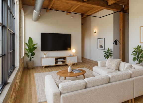 A living room with a large couch, a coffee table, and a flat-screen TV mounted on the wall.
