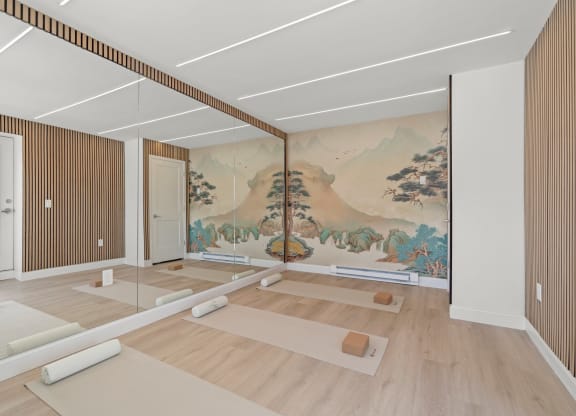 a room with yoga mats and a large mural on the wall at Chestnut Hill Village, Philadelphia, Pennsylvania