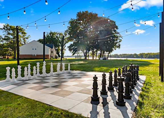 A giant chess board with black and white pieces in a grassy area.
