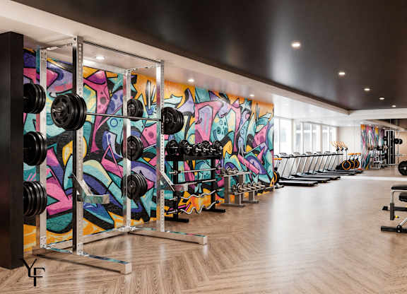 A gym with a row of weightlifting equipment.