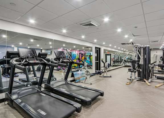 A gym with treadmills, weights, and exercise equipment.