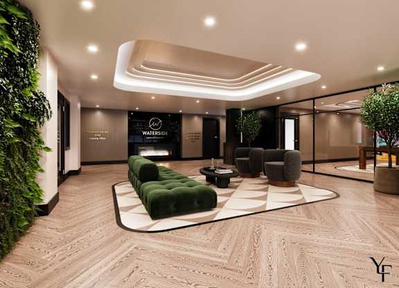 A modern living room with a green plant on the left side and a sofa set in the center.