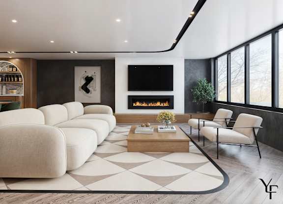 A modern living room with a fireplace and a large screen TV.