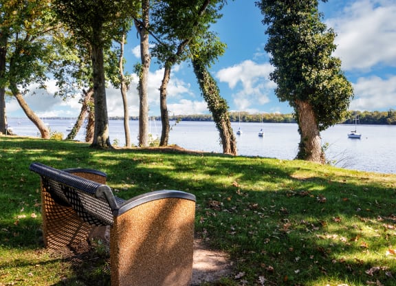 a park bench overlooking a body of water with boats