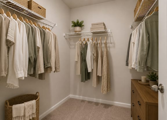 Primary suite with a full walk in closet featuring custom racks.