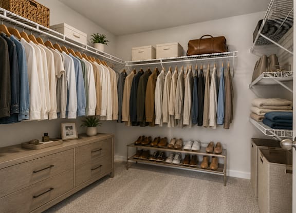 Primary suite with a full walk in closet featuring custom racks.