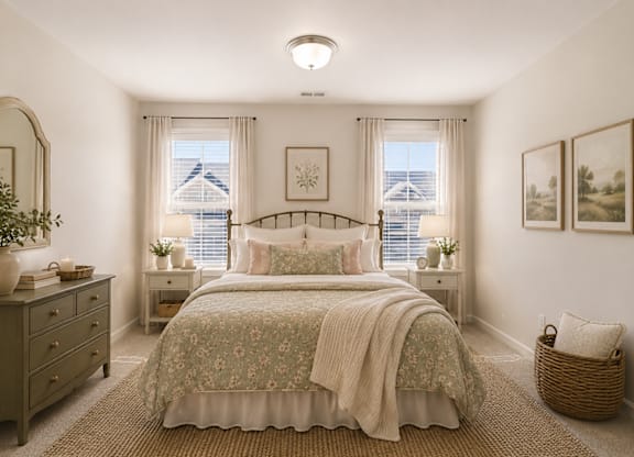 Guest bedroom featuring a queen bed with natural lighting.