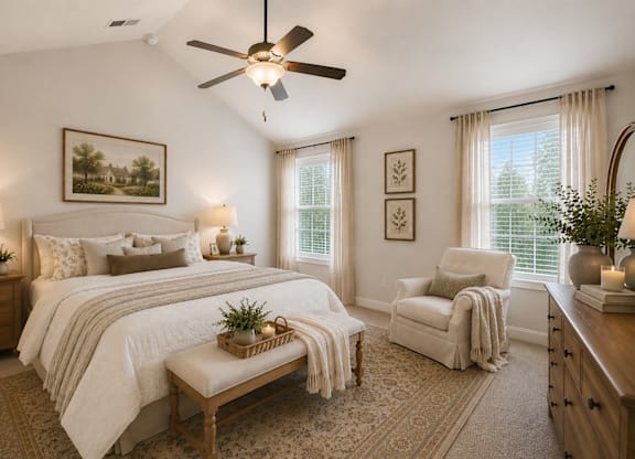 Serene primary suite with a plush king bed, refined finishes, and calming greenery—your private retreat for rest and relaxation.