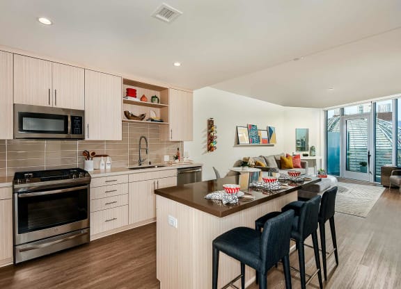 Large kitchen island at K1 Apartments, San Diego, CA