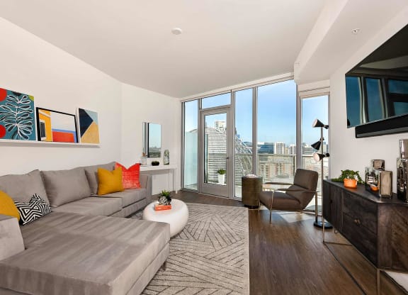 Spacious living room at K1 Apartments, San Diego, CA