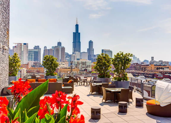 Rooftop lounge area with Chicago skyline views  at The Madison at Racine, Chicago, IL