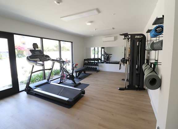 A home gym with a treadmill, weights, and exercise equipment.