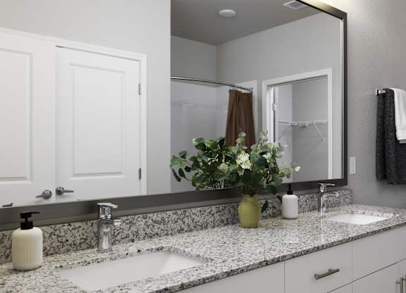a bathroom with two sinks and a mirror