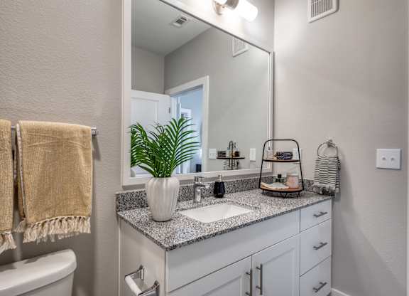 A bathroom with a white counter top and a large mirror.
