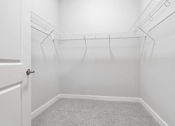 A white closet with a carpeted floor and a white door.