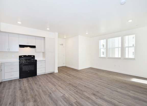 A spacious room with a black stove and wooden flooring.