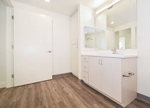 a bathroom with a sink and a mirror