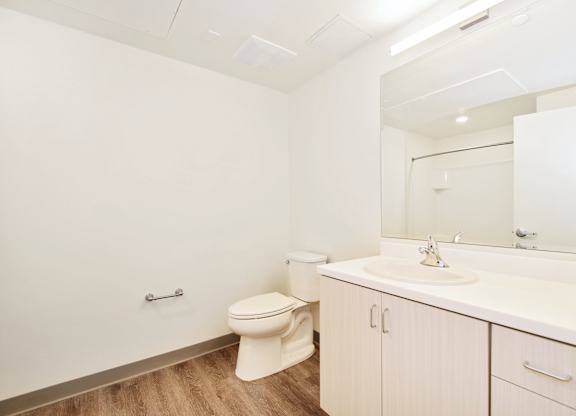 a bathroom with a sink toilet and a mirror