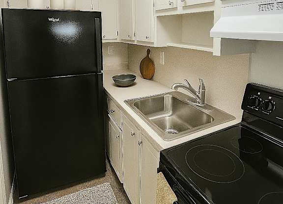 A black refrigerator sits next to a sink in a kitchen.