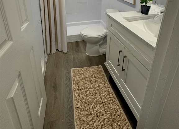 A bathroom with a toilet, sink, and a rug on the floor.