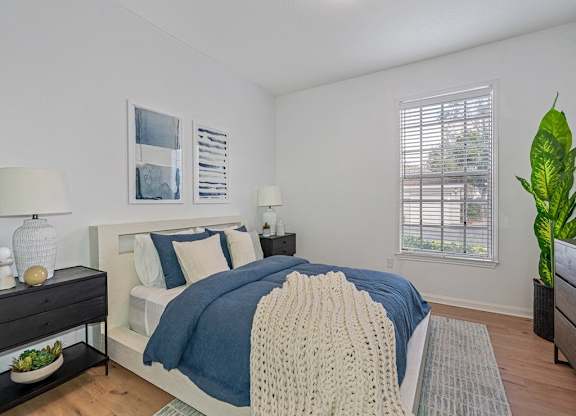 a bedroom with a bed and a window