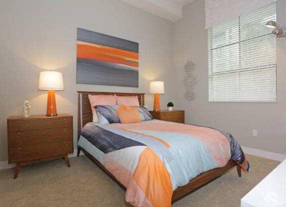a bedroom with a bed and two lamps
