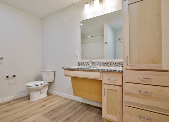 A bathroom with a toilet, sink and mirror.