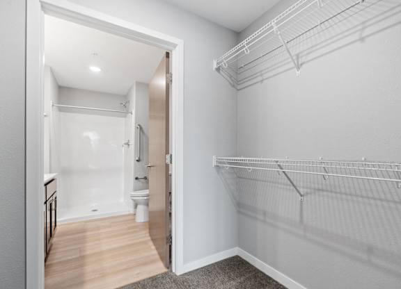 walk through closet with shelving and bathroom