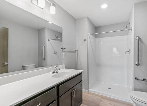 bathroom with shower, toilet and vanity