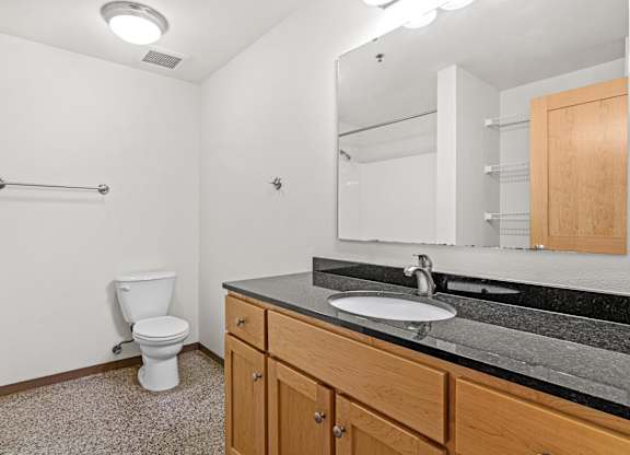 A bathroom with a toilet, sink, and mirror.