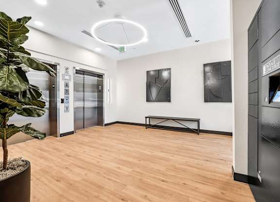 A room with a wooden floor, a potted plant, and two framed pictures on the wall.