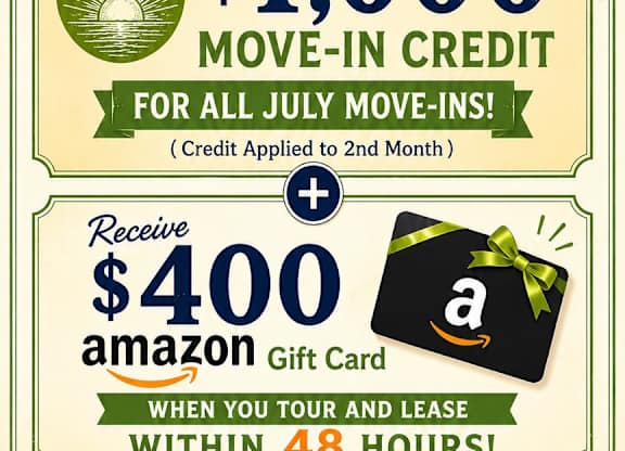 A poster advertising summer savings at the 2nd St. Lofts, including a $1,000 move-in credit and a $400 Amazon gift card.