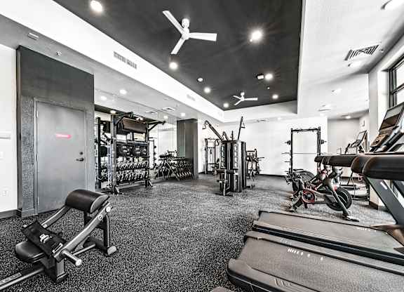 A gym with treadmills, weights, and exercise equipment.