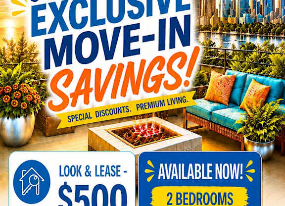 A promotional flyer for Deco 265 offers exclusive move-in savings, including a $500 look and lease bonus for two bedrooms, and additional discounts for touring and leasing within 
