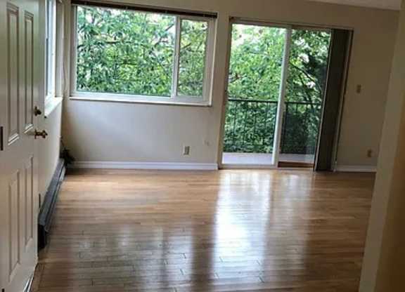 A room with wooden floors and two windows.
