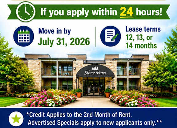 A promotional image for Silver Pines offers $700 off your rent with special pricing for different unit types.