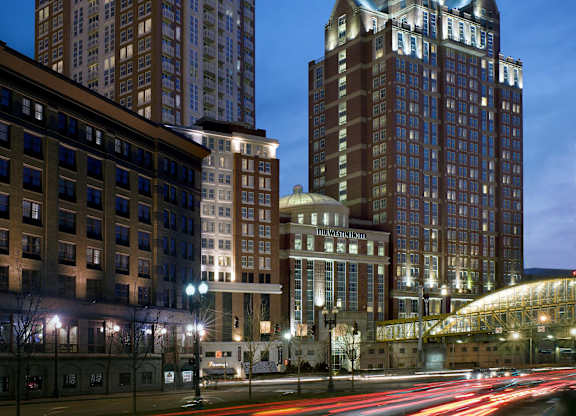 A cityscape at night with a long exposure of the street lights at Residences Providence, Providence, Rhode Island