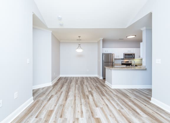 Drum Hill 2 Bedroom Apartment Kitchen with laminate flooring and high ceilings.