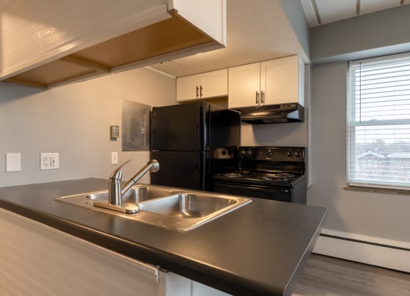 a kitchen with a sink and a stove and a refrigerator