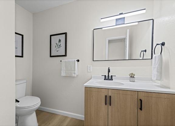 A bathroom with a toilet, sink, and mirror.