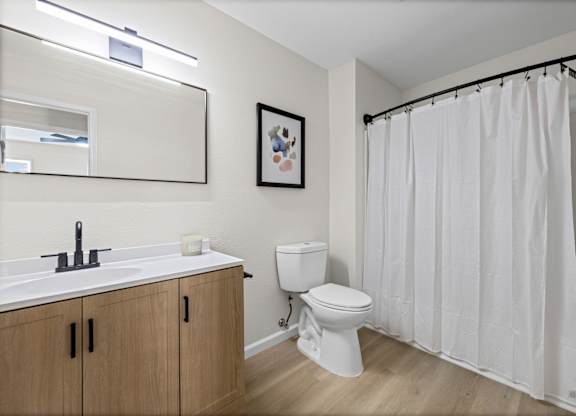 A white bathroom with a toilet, sink, and shower.
