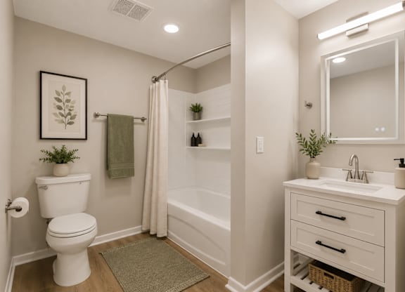 A white bathroom with a toilet, sink, and shower.
