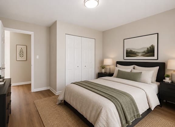 A bedroom with a large bed and a painting on the wall.