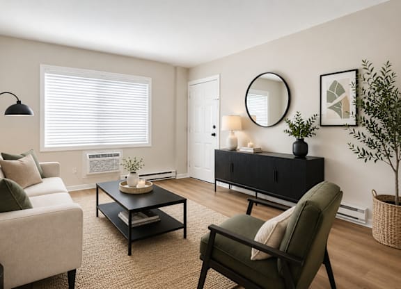 A living room with a white sofa, a black coffee table, and a green armchair.
