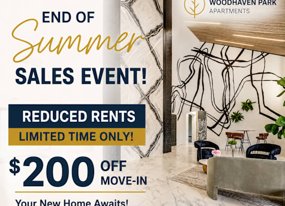 A promotional image for Woodhaven Park Apartments advertising a $200 move-in bonus.
