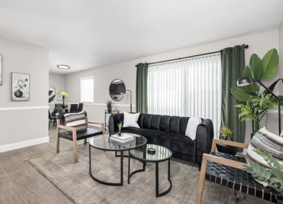 our apartments offer a living room with a couch coffee table and dining table