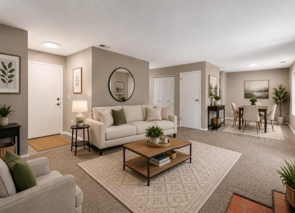 A living room with a white couch and a coffee table.