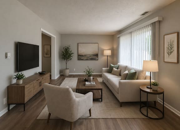 A living room with a couch, chair, and television.
