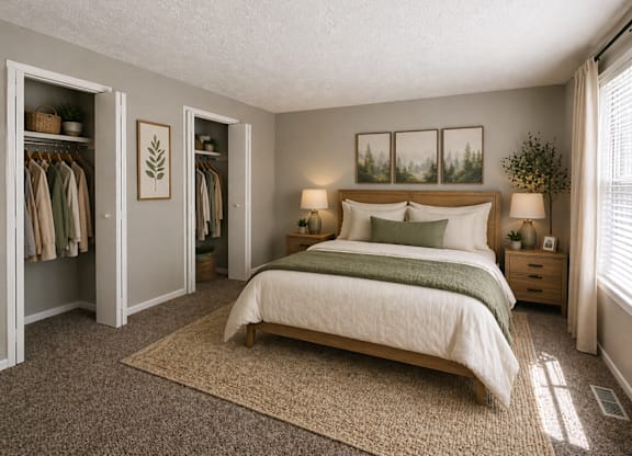 A bedroom with a large bed, two nightstands, and a closet with clothes.